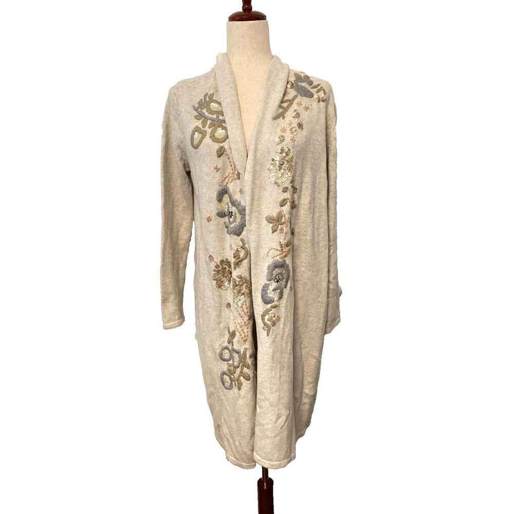 Chico's Womens 1 Long Camel Wool Cardigan Sweater Embroidered Sequins Floral